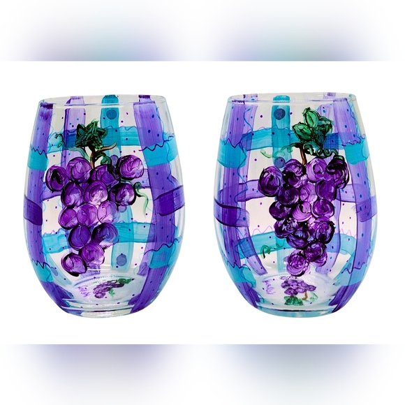 Hand Painted Clear Glass Grape Vine Stemless Wine Glasses 20 fl oz. - Picture 2 of 8